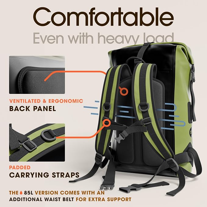 Waterproof Dry Bag Backpack 35L - Kayaking Boating Fishing Rafting Marine | Green 35L dry bag: 500D PVC, abrasion resistant build, IPX8 phone case for river and lake trips