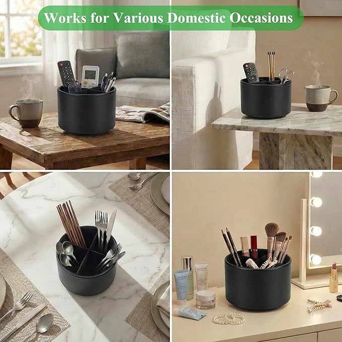Round Leather Art Supply Organizer,Remote Control Holder,360 Degree Spinning,Multi-Functional Pencil Holder,4 Compartments Desktop Stationary Organizer(1-Sheep Black)