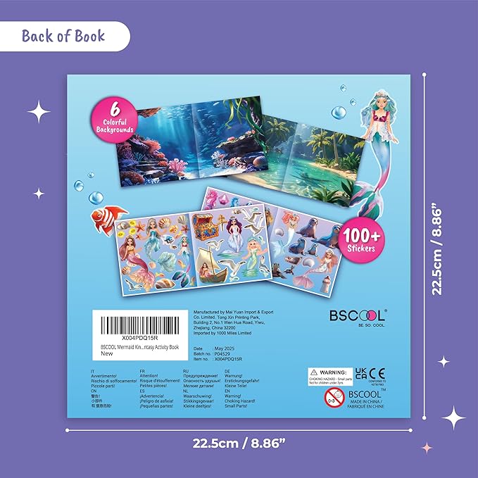 BSCOOL Mermaid Kingdom Reusable Sticker Book, 100+ Stickers, Underwater Fantasy Activity Book - Mermaid Sticker Dress Up for Girls Ages 4-6. Airplane Stickers Book for Toddlers. Gift for Girls