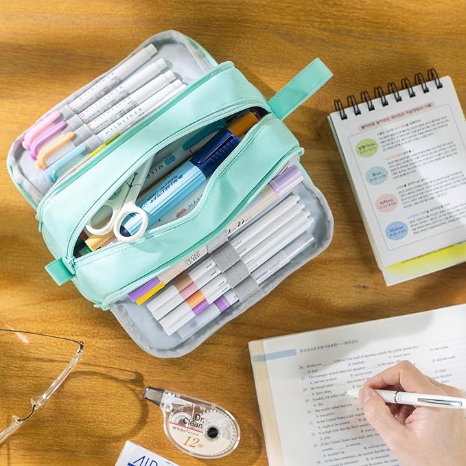 CICIMELON Large Capacity Pen Pencil Case with 4 Compartments, Multi-Slot Pencil Pouch Bag Aesthetic School Supplies Organizer for Teens Adults (Mint Green)