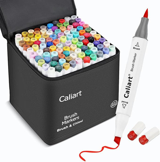 Caliart 101 Colors Alcohol Markers Brush Tip, Dual Tip Brush & Chisel Permanent Art Markers for Adult Coloring Books, Drawing, Sketching, Illustration, with Carrying Case for Artists & Beginners