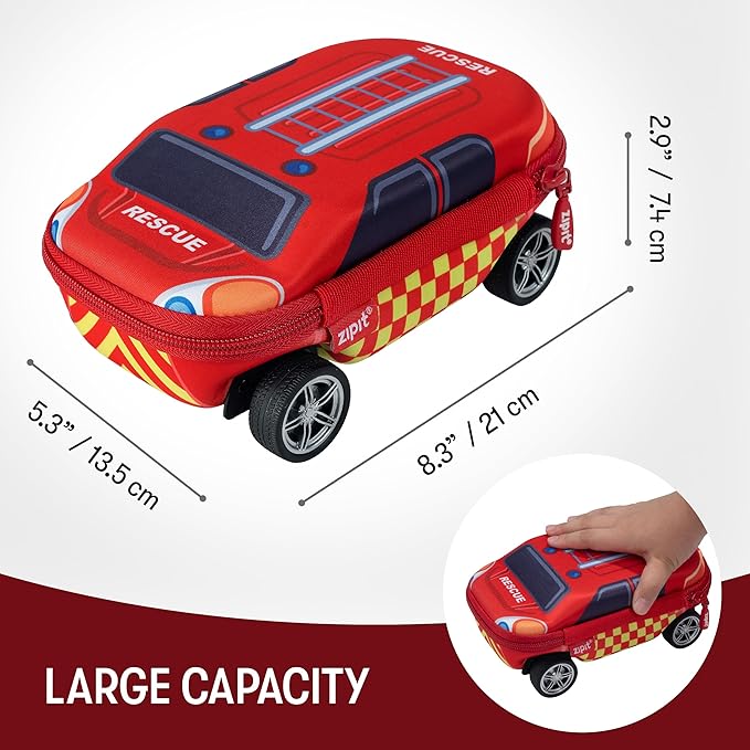 ZIPIT Fire Truck Pencil Case for Boys, Large Capacity Pencil Box for School with Spinning Wheels, Red