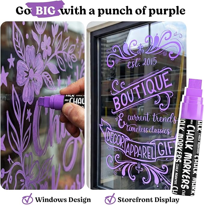 Chalkola 6 Purple Chalk Markers - Dual tip, Fine & Jumbo Tip (1mm, 3mm, 5mm, 15mm) | Erasable Liquid Chalk Pens for Blackboard, Chalkboard Signs, Car Window, Bistro, Glass | Washable Markers