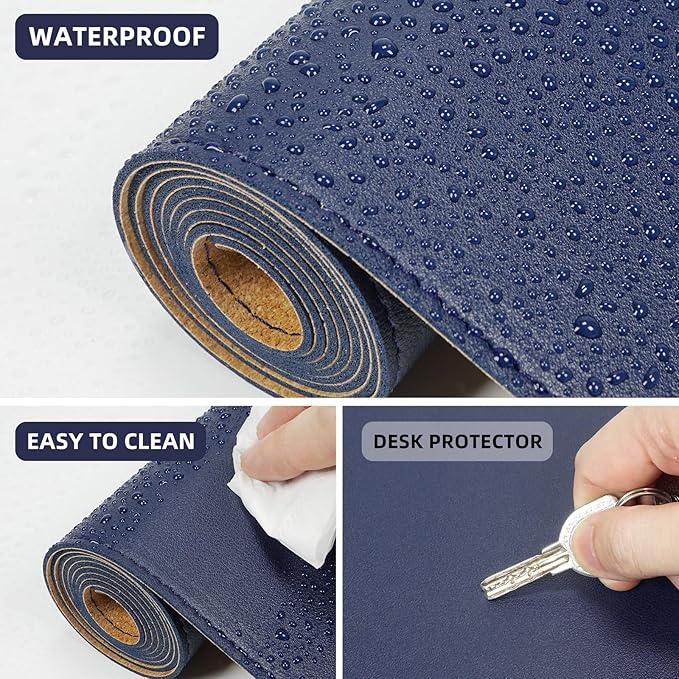AFIING Cork Desk Mat 35.4" x 17", Dual-Sided Natural Cork & PU Leather Desk Pad, Non-Slip Waterproof Large Mouse Pad for Office, Home & Gaming (Blue)