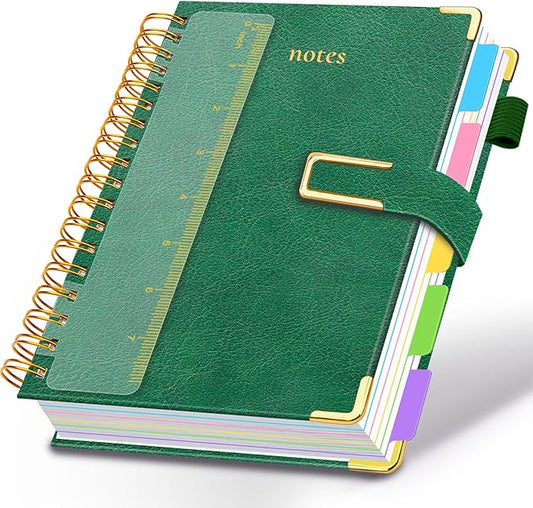 Hardcover Spiral Notebook College Ruled, 6.2"x 8.2" Leather Journal Notebook with Magnetic Closure, 300 Pages 5 Subject Notebook with Dividers Tabs Journal for Women Men, Work, School(Green)