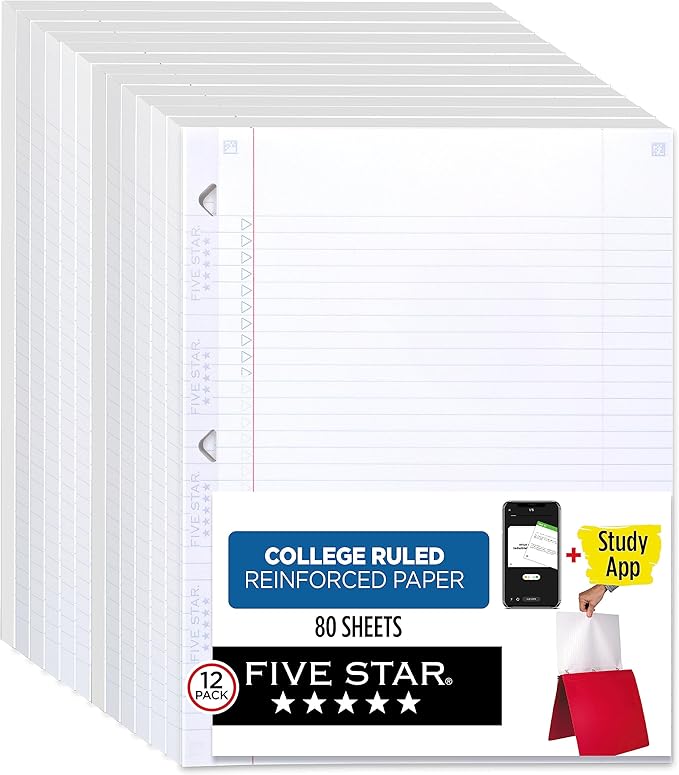 Five Star Loose Leaf Paper Plus Study App, 12 Pack, Notebook Paper, College Ruled Filler Paper, Reinforced, 8.5 x 11, 80 Sheets per Pack (170026-ECM)