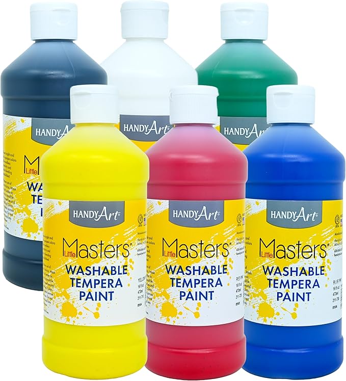 Handy Art Little Masters Washable Tempera Paint, 16 oz Bottles, Set of 6 Colors, Bright & Mixable, Washable Colors for Classroom, Students, Kids, Young Artists, Safe & Non-Toxic, Made in USA