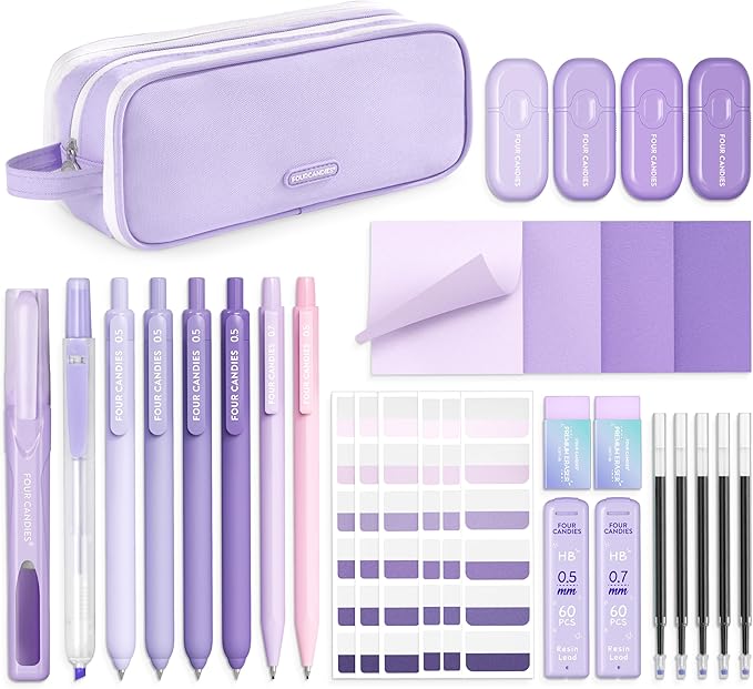 Four Candies Purple School Supplies, Gel Pens with Black Ink,Correction Tapes,Pastel Highlighters, Mechanical Pencils, Sticky Notes, Index Post for Bible Study Stationary College Essentials