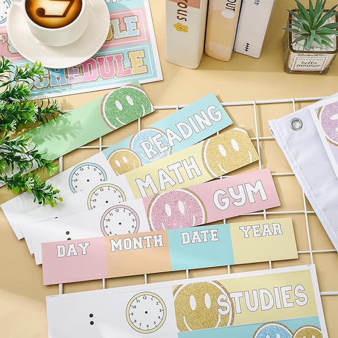 JarThenaAMCS Pastel Smile Face Daily Schedule Pocket Chart 13 x 35.5 In Glitter 13 + 1 Pocket Visual Schedule Chart Board with 24 Card for Classroom Home Office Supplies