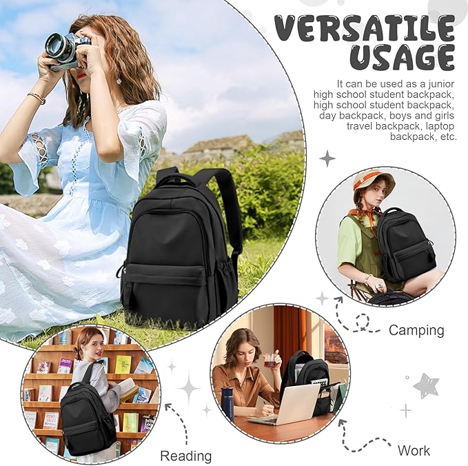 winspansy Small Backpack For School Girls Boys Aesthetic Lightweight Travel Daypack Simple Cute Backpack For Women Men College High School Bookbag Fit 14 Inch Laptop,Black
