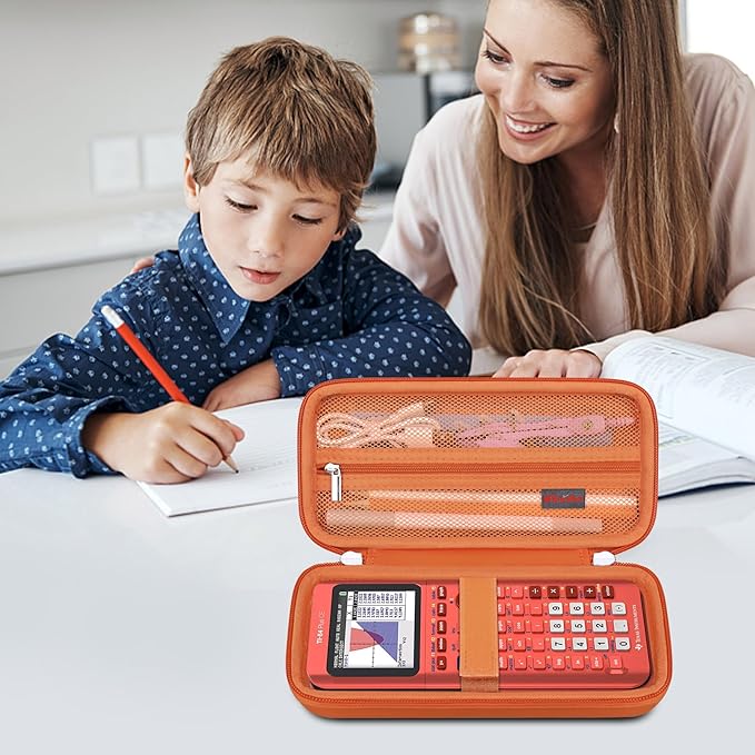 Elonbo Carrying Case for Texas Instruments TI-84 Plus CE/TI-84 Evo/TI-84 Plus/TI-83 Plus/TI-83 Plus CE Color Graphing Calculator, Extra Mesh Pocket Fits Charging Cable Charger Manual, Orange