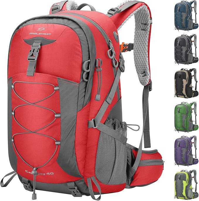 Maelstrom 40L Hiking Backpack, Lightweight Camping Daypack with Rain Cover | Water-Resistant Rip-Stop Nylon, Wet/Dry Separation, Multi-Pockets, Survival Whistle. Ideal For Men, Women, Travel, Trekking