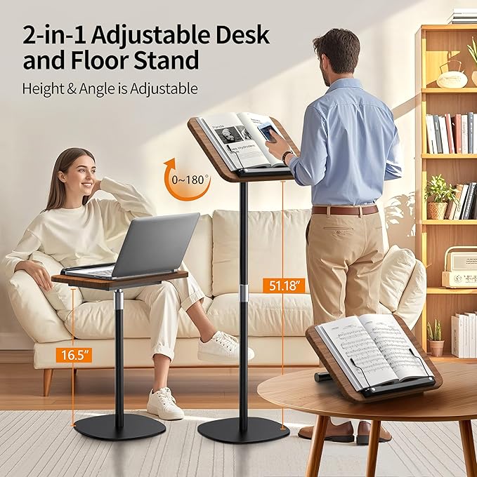 NAMON 2-in-1 Dual-use Floor & Desktop Book Stand, Durable Metal & Wood, Height Adjustable 16.5"-51", Floor Reading Stand for Sheet Music, Cookbooks, Projector (Walnut Finish, 11.8" x 16.5" Panel)