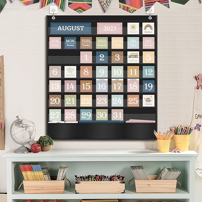 Boho Calendar Pocket Chart for Classroom Cards Add-On School Supplies Teacher Decorations Bulletin Board Pre-K To 6th Grade, Black-1