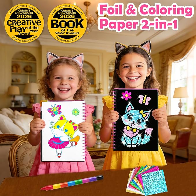 FUNNYB&G Foil Art Craft Kit for Girls 4-10 Years Old: Mess-Free & No-Glue, Create 16 Sparkly Cute Little Cat Pictures – Perfect Travel Toy & Birthday Gift for Kids (Little Cat)