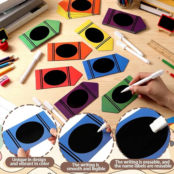 Crtiin 42 Pcs Crayon Desk Name Tags Rainbow Crayon Magnet Name Tags with Pens Back to School Plate Dry Erase Magnetic Student Locker for Bulletin Board Teacher Supplies (5.2 Inch*2.5 Inch)