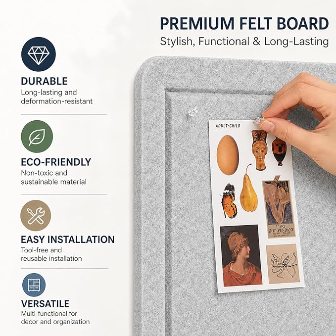Felt Bulletin Board for Wall 48" x 36" Unfolded Size, Large Frameless Felt Pin Board, Soft Cork Board Alternative for Office, Home Planning, Notes, Photos & Wall Decor, Foldable Shipping, Easy Install