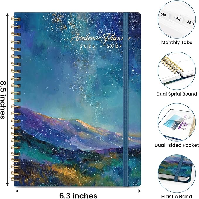 Planner 2026-2027, Academic Planner Weekly and Monthly, Jul 2026 - Jun 2027, Spiral Bound School Planning Tool with Tabs and Pocket, Perfect for Students & Teacher, 6.3" x 8.5", Starlit Peaks