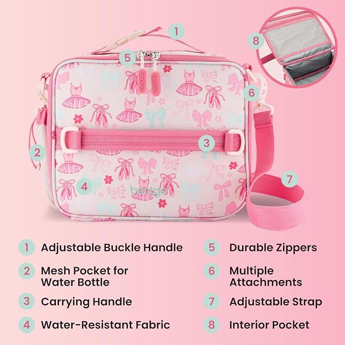 Bentgo Kids Prints Double-Insulated Reusable Lunch Bag | For Kids 3+, Adjustable Strap; Holds Lunch Box/Water Bottle/Snacks; Easy-Clean, Water-Resistant, Pockets (NEW Ballet & Bows)