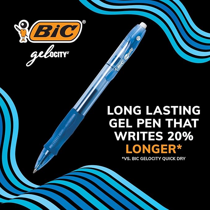 BIC Gelocity Original Black Gel Pens, Medium Point (0.7mm), 2-Count Pack, Retractable Gel Pens With Comfortable Grip
