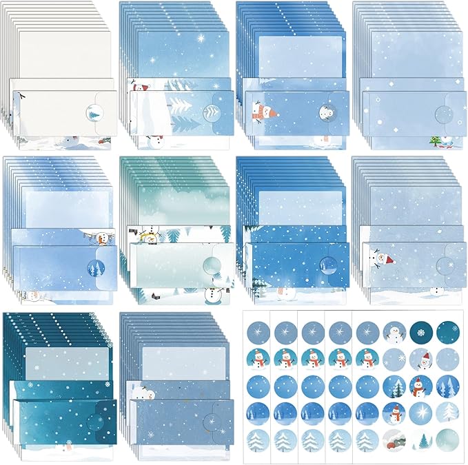 250Pcs Stationery Paper and Envelope Set with 100 Letterhead Papers and 50 Envelopes,10 Design for Letter Writing Invitations Computer Holidays Party Notes, 8.5x11 Inch-Snowman