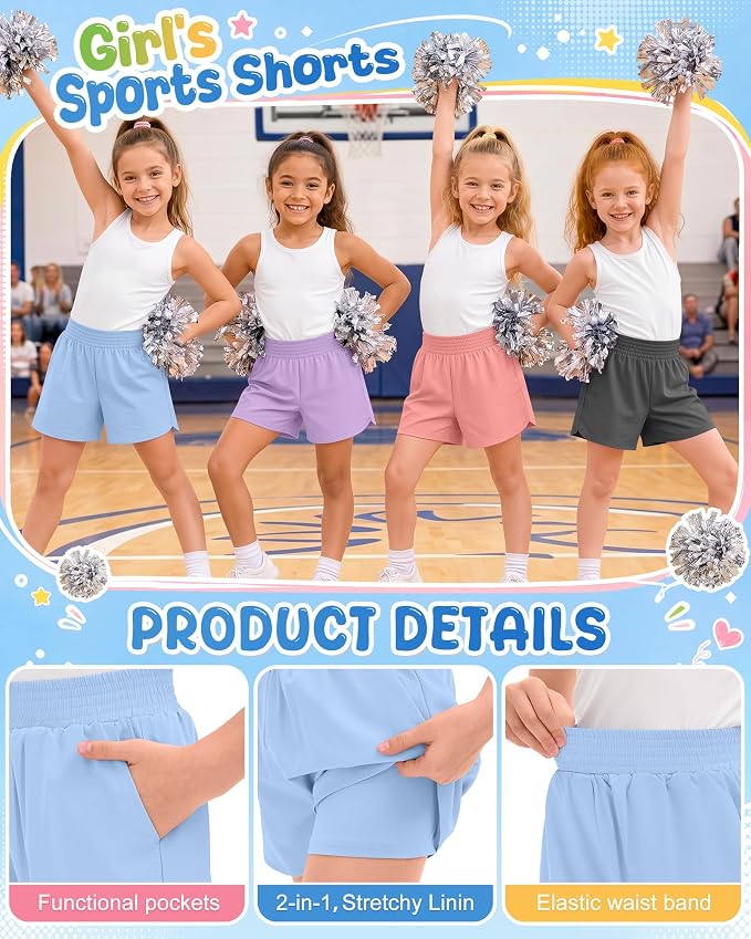 4 Pack Girls Athletic Shorts 2 in 1 Quick Dry High Waist Tween Shorts with Liner Kids Back to School Running Shorts