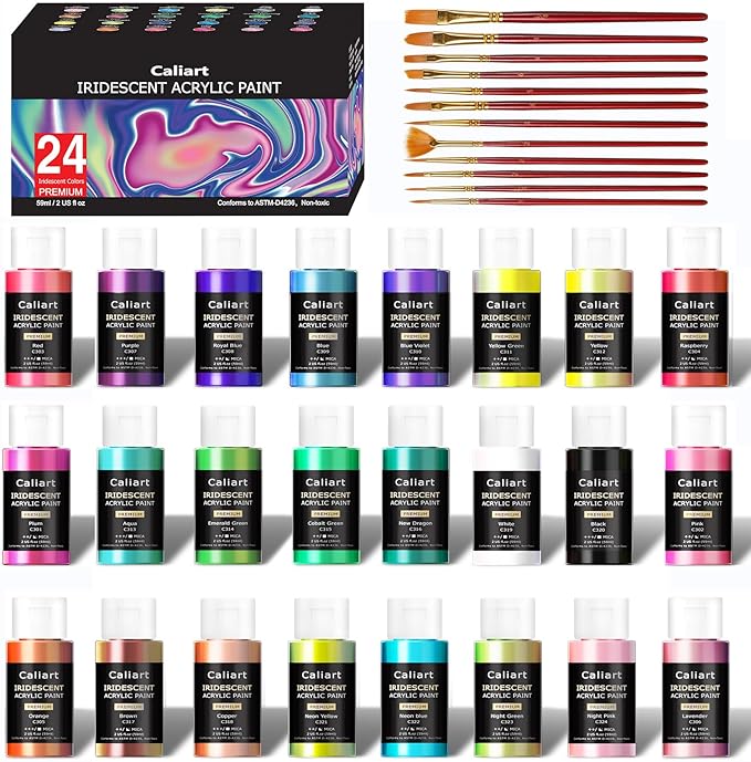 Caliart Iridescent Acrylic Paint, 24 Chameleon Colors in 59ml/2oz Bottles with 12 Brushes, Art Craft Paints Color-shifting for Adults Artists Beginners, Canvas Ceramic Wood Rock Painting Kit