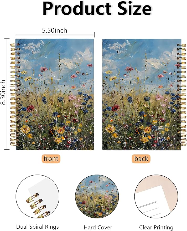 Rustic Wild Flower Spiral Notebook, Retro Cottagecore Wildness Botanical Floral Journal for Women, Farmhouse Country Landscape Botanical Notebook 5.5x8.3 Inch-369