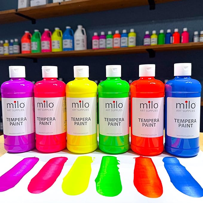 milo Fluorescent Neon Washable Tempera Paint | 16 oz Bottles 6 Colors | Made in the USA | Glows UV in Black Light | Safe & Non-Toxic Paint for Arts & Crafts, Poster, Window, Classroom, School, Project