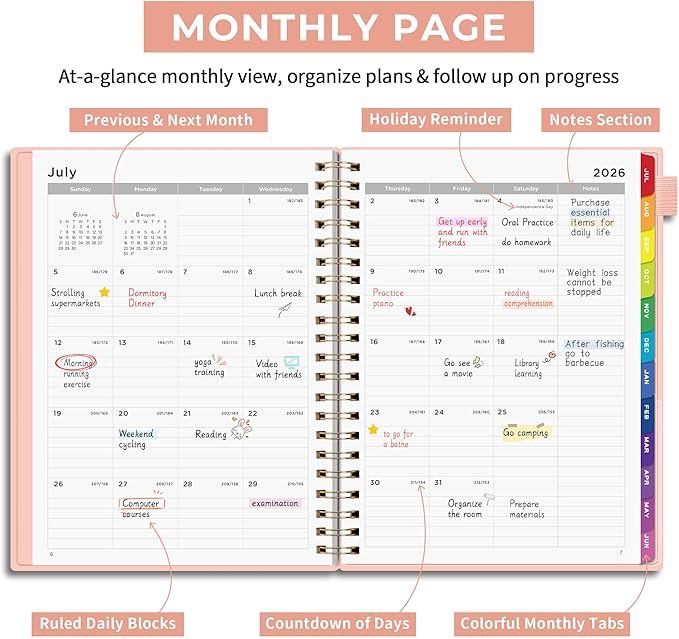 EMSHOI 2026-2027 Appointment Book, A4 15-Minute Hourly Planner, July 2026 - June 2027, Academic Planner Weekly and Monthly, 100GSM Thick Paper, Flexible Cover, Note Pages, Colorful Tabs, Pink