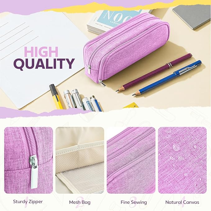 Large Capacity Pencil Case Pencil Pouch Pen Bag with 3 Compartment Stationery Organizer with Zipper, School Supplies Organizer for Teen Adults (Purple)