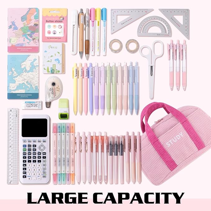 EASTHILL Corduroy Hand-held Pencil Case Large Cute Pencil Pouch Stationery Pen Bag for Teen Girls-Pink