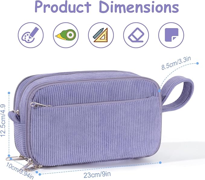 BuyCard Purple Large Capacity Corduroy Pencil Case, Casual Style, Cute Pencil Bag, Kawaii Stationery Storage and Organizer, Graduation Gift Office Stationery Storage Pen Pouch for Classroom Teacher