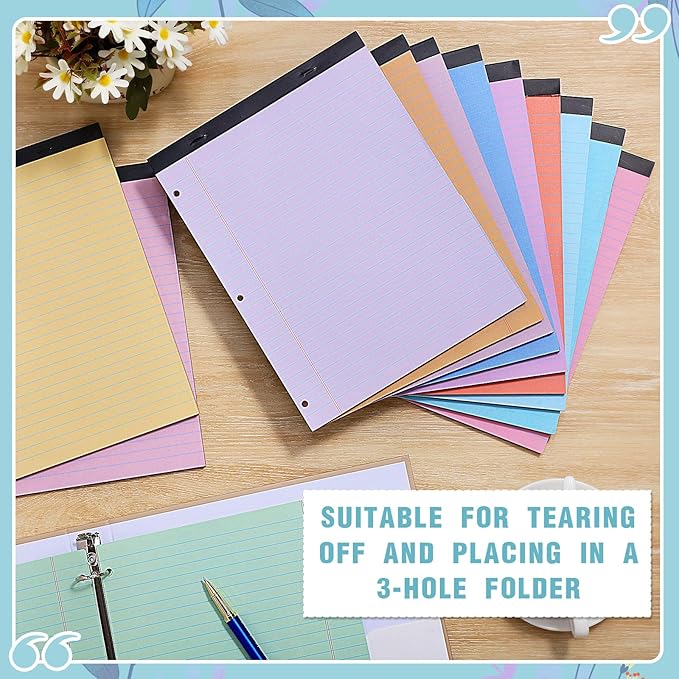 Fuutreo 12 Pcs 8.5'' x 11'' Colored Legal Pad Wide Ruled Loose Leaf Paper 3 Hole Punched Landscape Pads 50 Sheets Per Notepad Assorted Color Pastel Writing Pad Filler Paper for college(Vivid Color)