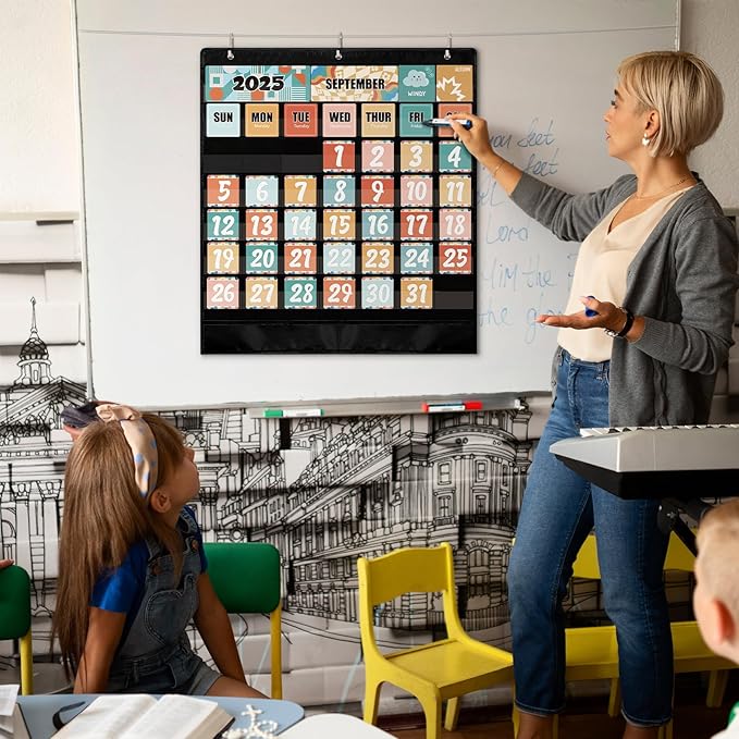 Classroom Calendar Pocket Chart – Boho Retro Groovy Bulletin Board Set with 103 Cards for Preschool, School Schedule, Teacher Must Haves, Kids Class Decor, Back to School