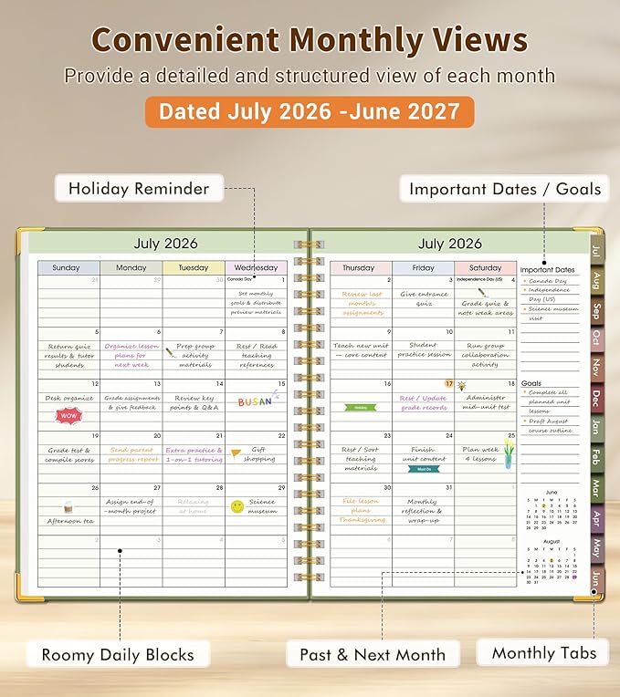 Teacher Planner 2026-2027, July 2026 - June 2027, Academic Weekly & Monthly Calendar Planner with Tabs, 8.5" x 11" A4 Teacher Lesson Plan Book with 7 Periods, Daily Agenda School Organizer for Teacher Student Homeschool, Green