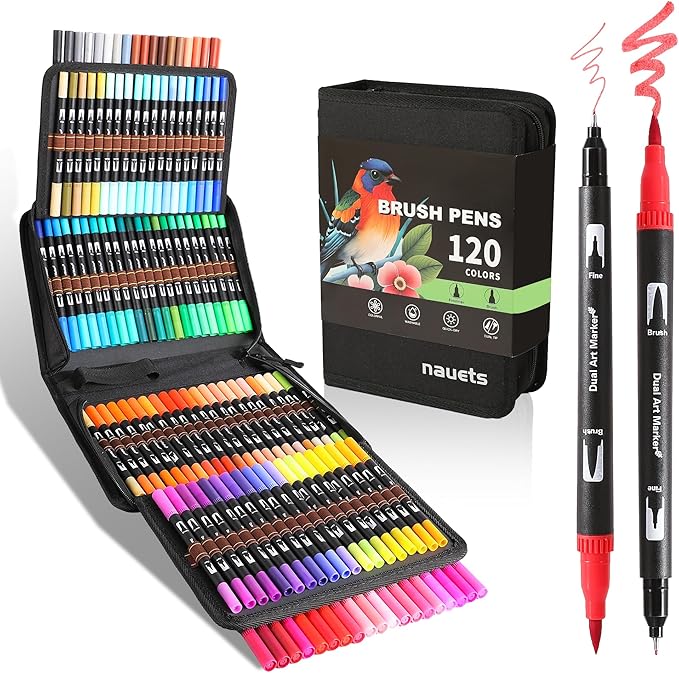 nauets 120 Colors Brush & Fine Dual Tip Watercolor Markers Set for Adult Professional Coloring Paint Pens For Drawing Note taking Planner Calligraphy Journaling Card Making Art Supplies