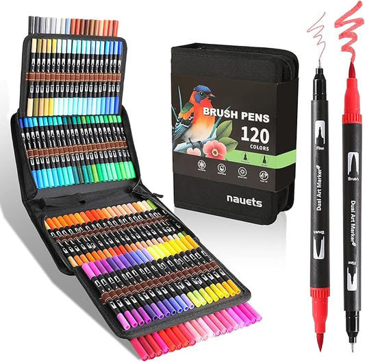 nauets 120 Colors Brush & Fine Dual Tip Watercolor Markers Set for Adult Professional Coloring Paint Pens For Drawing Note taking Planner Calligraphy Journaling Card Making Art Supplies