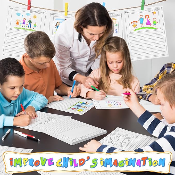 50 Sheets Writing Beginner Paper for Kids Create Story, 8.5"x11" Handwriting Paper Bulk with Picture Space and Lines DIY Craft Writing Kit for Kids Journal Activity, Back to School Gifts