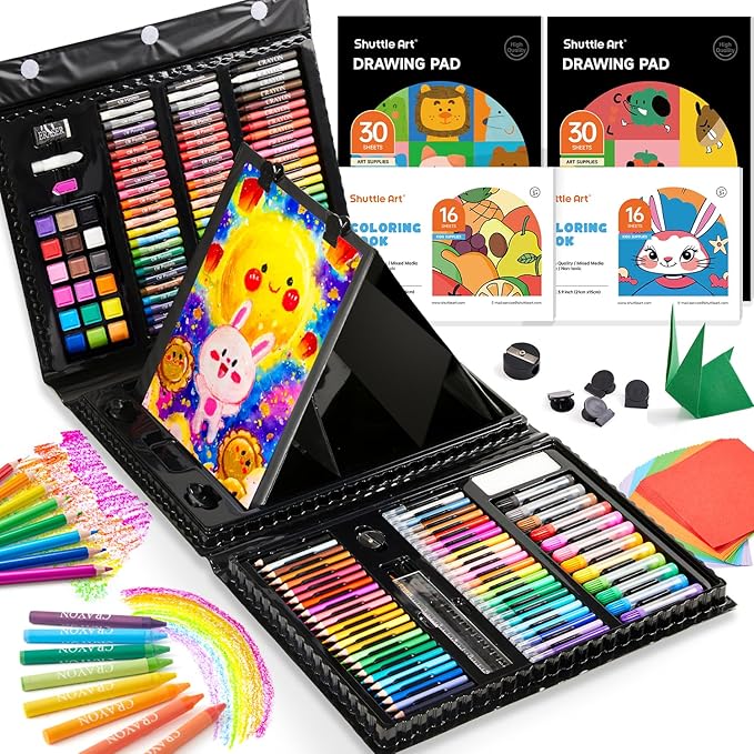 Shuttle Art 335 Piece Kids Art Set, Multi-Media Art Supplies, Gift Art Kit with Trifold Easel, 2 Drawing Pads, 2 Coloring Books, Oil Pastels, Crayons, Watercolors, Markers, Colored Pencils (Black)