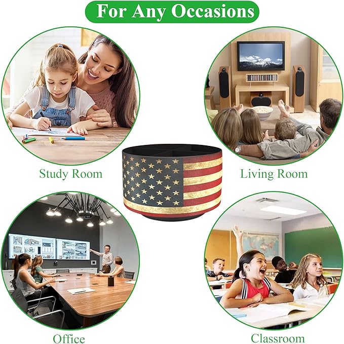 Round Leather Art Supply Organizer,Remote Control Holder,360 Degree Rotating,Multi-Functional Pencil Holder,4 Compartments Desktop Stationary Organizer(1-American Flag)