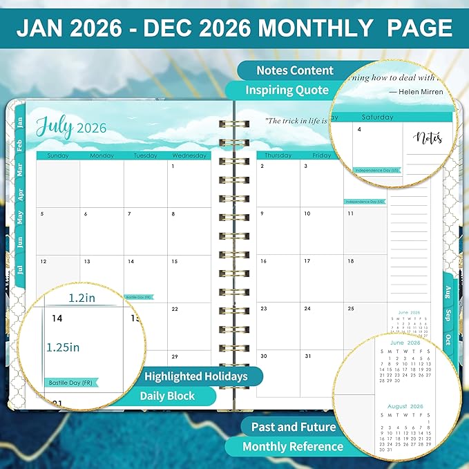 2026 Planner - January 2026 - December 2026, Planners 2026, 2026 Planner Weekly And Monthly, Tabs, 6.3" x 8.4", Back Pocket, Hardcover, Spiral Bound