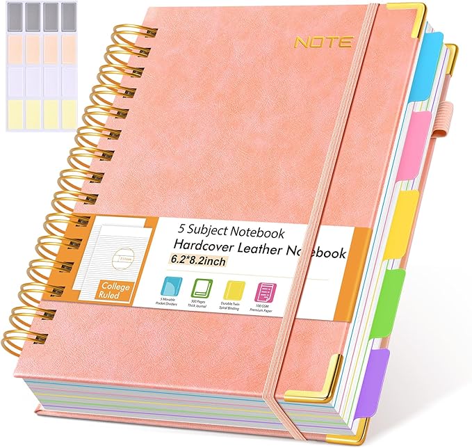 Hardcover Spiral Notebook with Removable Dividers Tabs, 300 pages Leather 5 Subject Notebook College Ruled, 6.2" x 8.2" Journal for Women Men, Small Notebooks for Work School Note taking,A5 Pink