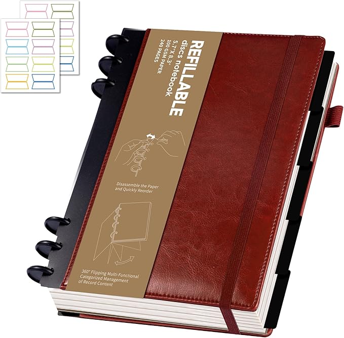 Refillable Notebooks for Work Discbound: Hardcover Notebook with 5 Subject Removable Dividers Tabs Colleged Ruled Small Journal for Writing Women Men 224 Pages,Dark Red
