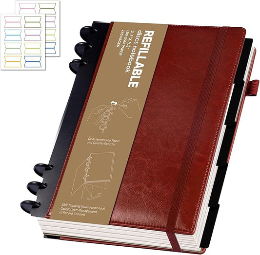 Refillable Notebooks for Work Discbound: Hardcover Notebook with 5 Subject Removable Dividers Tabs Colleged Ruled Small Journal for Writing Women Men 224 Pages,Dark Red