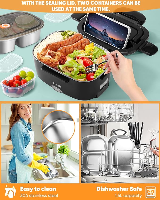 Eocolz Electric Lunch Box Food Heater 80-100W, Food Warmer with Dual Container 1.5L Portable Heated Lunch Box for Car Truck Work Stainless Steel Fork & Spoon 12/24/110V for Adults Lonchera Eléctrica