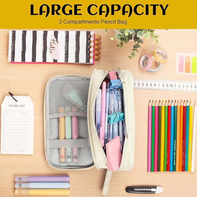 Pencil Case Big Capacity Pen Pouch Large Storage Holder Marker Pen Bag Durable 3 Compartment School Office Desk Organizer Portable Cute Zipper Stationery for Kids Teen Student Boys Girls Adults