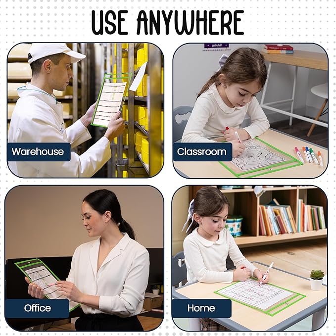 Essex Wares - 6 Pack, Green, Dry Erase Pocket Document Protectors, 10" Wide x 13.5" Tall - Dry Erase Clear Plastic Sleeves - Reusable & Easy Erase Plastic Invoice Holders, Water-Resistant & Durable