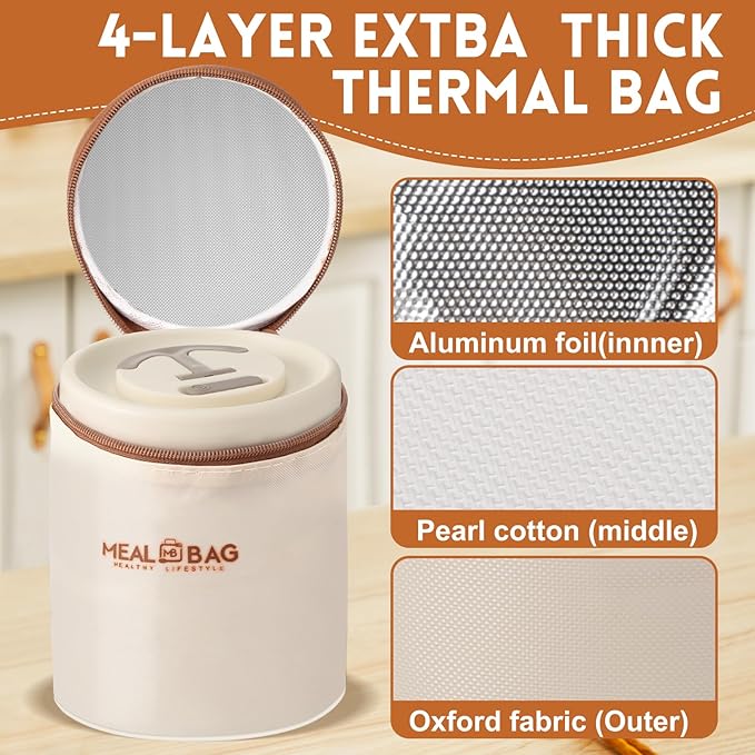 Dandat 2 Pcs Portable Insulated Lunch Containers Thermal Bento Box with Bag Fork Knife Microwavable Stainless Steel Lunch Box 15.2 oz 21 oz Separate Stackable Food Jar for Adult Men Women(Beige)