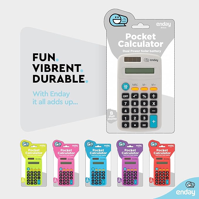 Calculator Grey, Basic Small Solar and Battery Operated, Large Display Four Function, Auto Powered Handheld Calculator School and Kids Available in Green, Red, Purple, Blue, Pink, 1 PK – by Enday